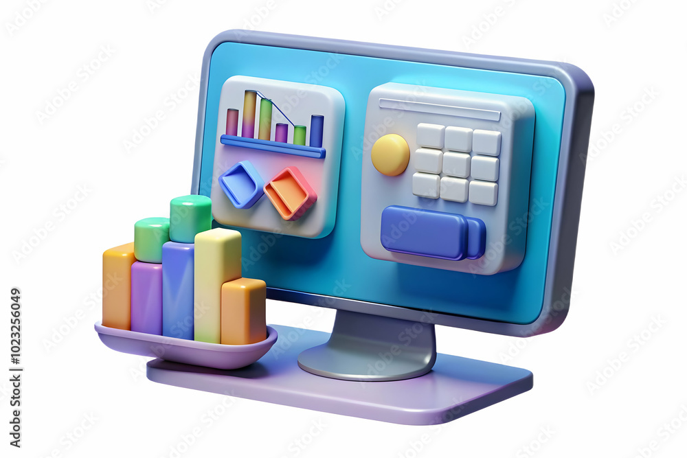 Poster glossy desktop monitor displaying holographic loan documents and interest rate graphs in a clean, pr
