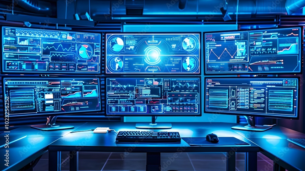Poster cybersecurity command center monitoring real time data for breach neutralization and fraud detection