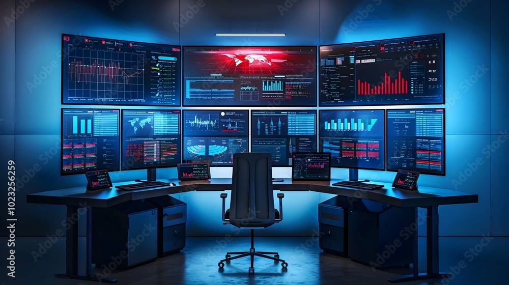 Poster cybersecurity command center with real time breach detection and fraud analytics