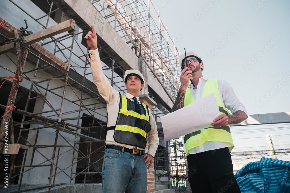 Poster contractor and engineer architect working together planning using blueprint design structure constru