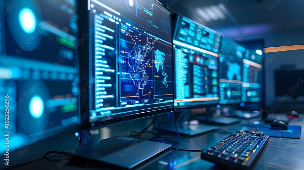 Poster cybersecurity command center monitoring real time data and breach neutralization