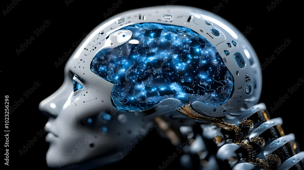 Poster a 3d rendering of a robotic head with a glowing blue brain inside, showcasing futuristic technology 