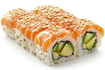 Fresh salmon sushi roll with sesame seeds cucumber