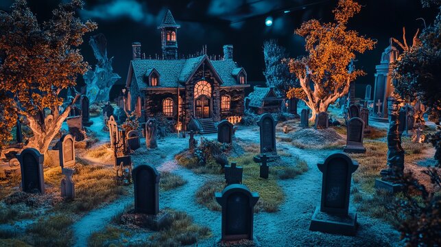 A spooky Halloween haunted house stands amidst eerie tombstones and gnarled trees, all wrapped in an amusement park atmosphere filled with thrills and chills.