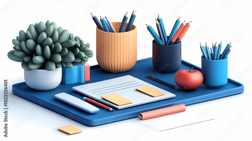 Poster 3d icon desk tray and sticky notes isolated vector image on white background for home office organiz