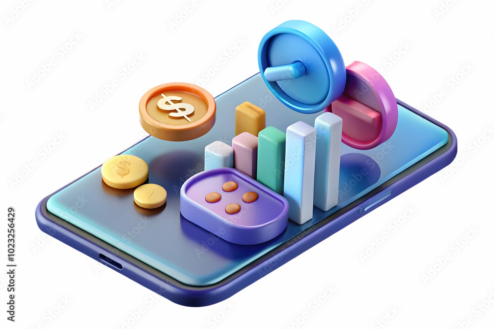 Poster glossy smartphone with floating holographic coins and calculator display - minimalist financial conc