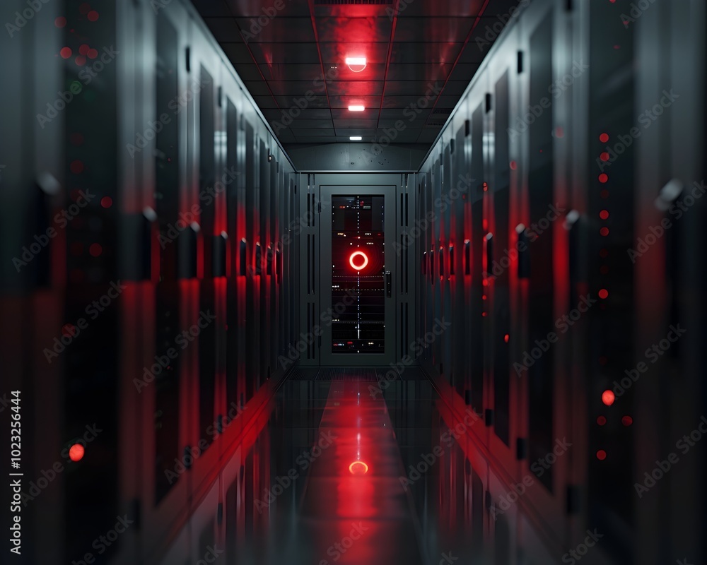 Poster secure server room with attempted breach highlighted in red fraud detection concept