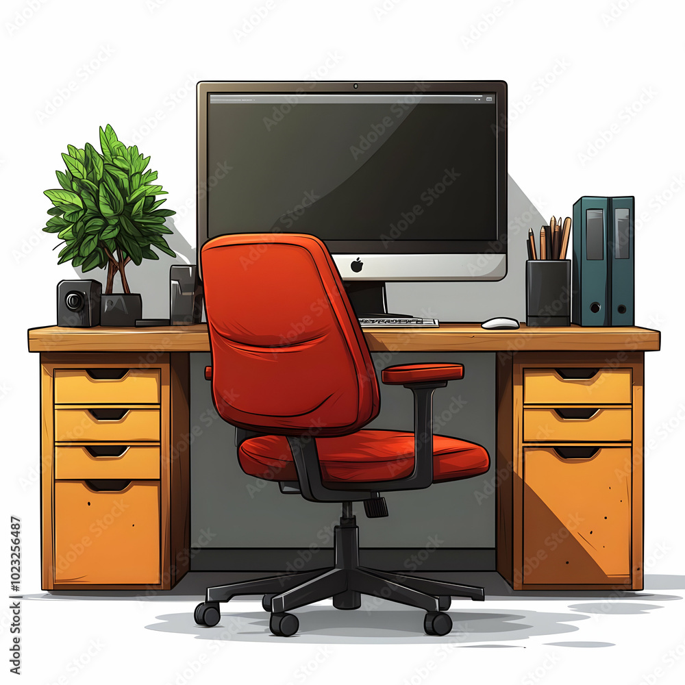 Poster desktop computer and ergonomic chair isolated on white background - perfect vector image for tech sa