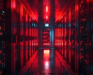 Secure Server Room with Attempted Breach Indicator in Red Highlighting Digital Defense Concept