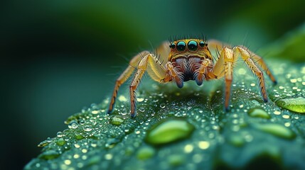 Fototapeta premium Delicate Spider on a Morning Dew-Covered Green Leaf, Close-Up Shot 