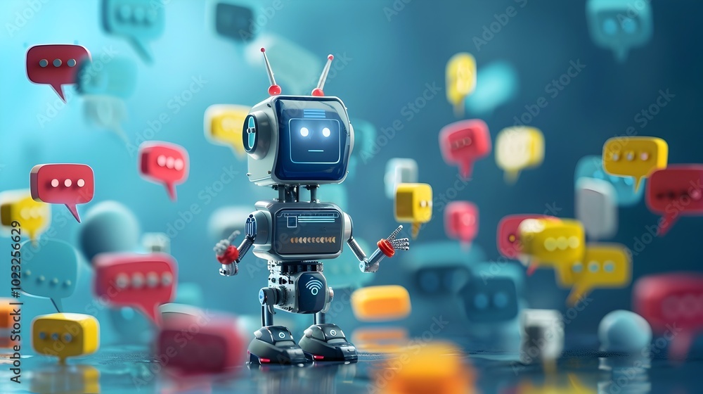 Poster chatbot surrounded by positive and negative sentiment bubbles representing real time conversational 