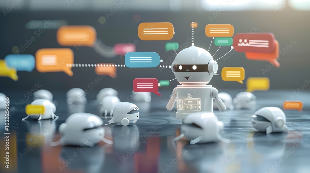 Poster chatbot surrounded by sentiment filled speech bubbles representing ai s conversational analytics