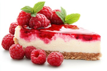 Delicious raspberry cheesecake slice with fresh berries mint