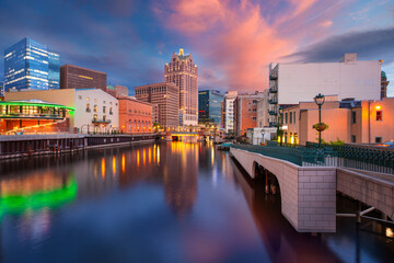 Milwaukee, Wisconsin, USA. Cityscape image of downtown Milwaukee, Wisconsin, USA with reflection of...