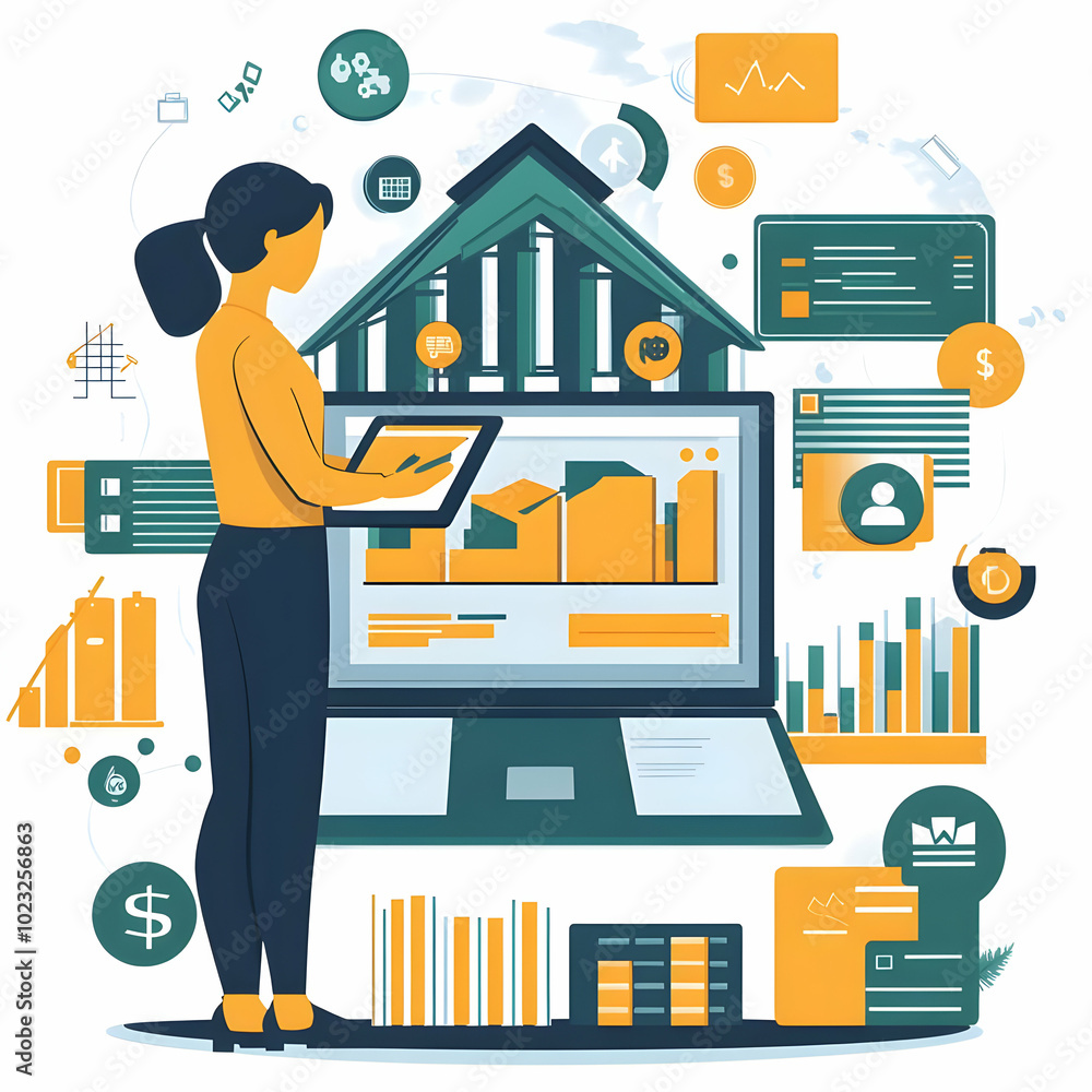 Aufkleber person using digital banking on laptop | clean background for text & graphics | simple flat vector i