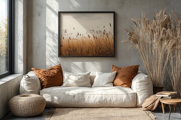 Soft Light Living Room with Framed Artwork Mockup