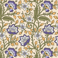 Seamless pattern with stylized ornamental flowers in retro vintage style. Jacobean embroidery.