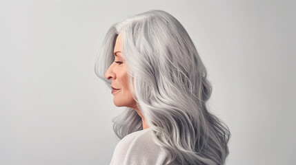 A senior woman with long, voluminous natural gray hair cascading down her shoulders, shining with health and vitality