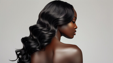 Dark-skinned woman with luscious shiny black hair cascading down her shoulders