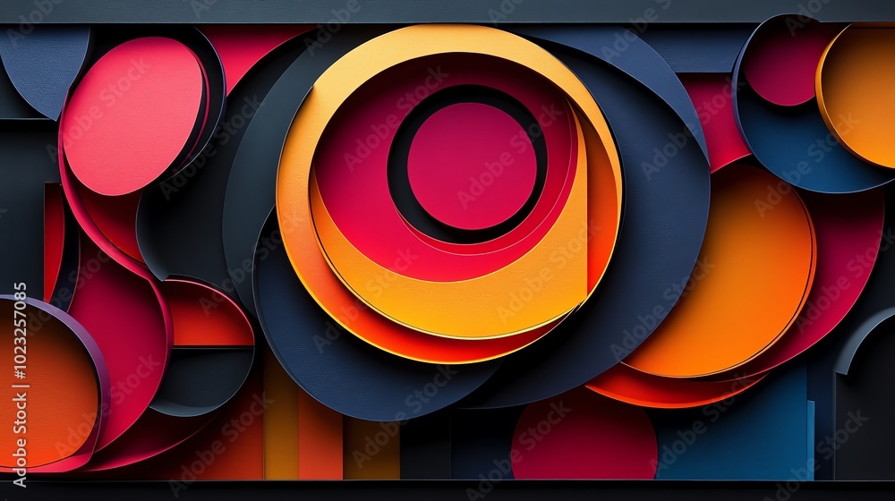 Poster abstract geometric paper cut shapes in overlapping layers, creating depth and dimension, paper cut g