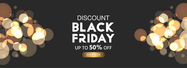 Black Friday banner with bokeh effect. Modern Black Friday background design golden luxury decor. Black Friday typography illustration on black background. Black Friday sale banner design template