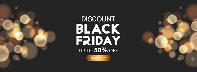 Black Friday banner with bokeh effect. Modern Black Friday background design golden luxury decor. Black Friday typography illustration on black background. Black Friday sale banner design template