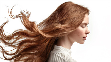 A woman with voluminous light brown hair, flowing effortlessly in the wind