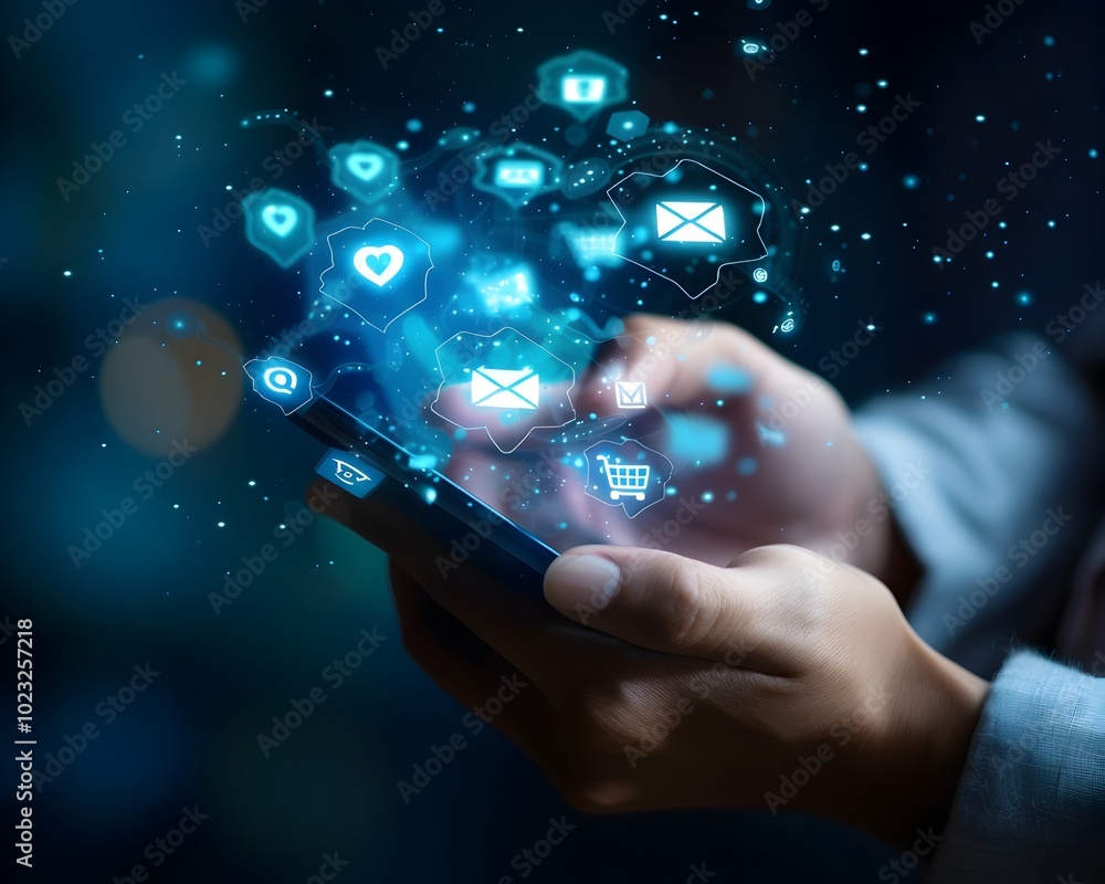 Poster Smartphone Screen With Floating Sentiment Analysis Text Messages and Icons in Abstract Futuristic Digital Background