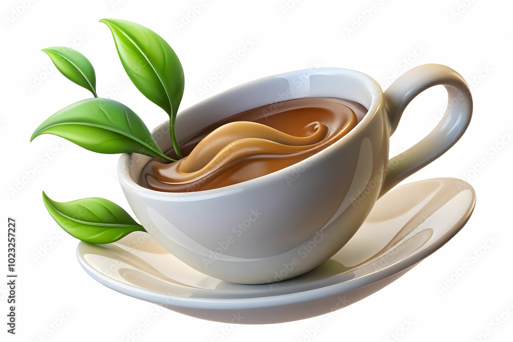 Poster serenity: tranquil vector illustration of a floating teacup with tea leaves creating a calming wave 