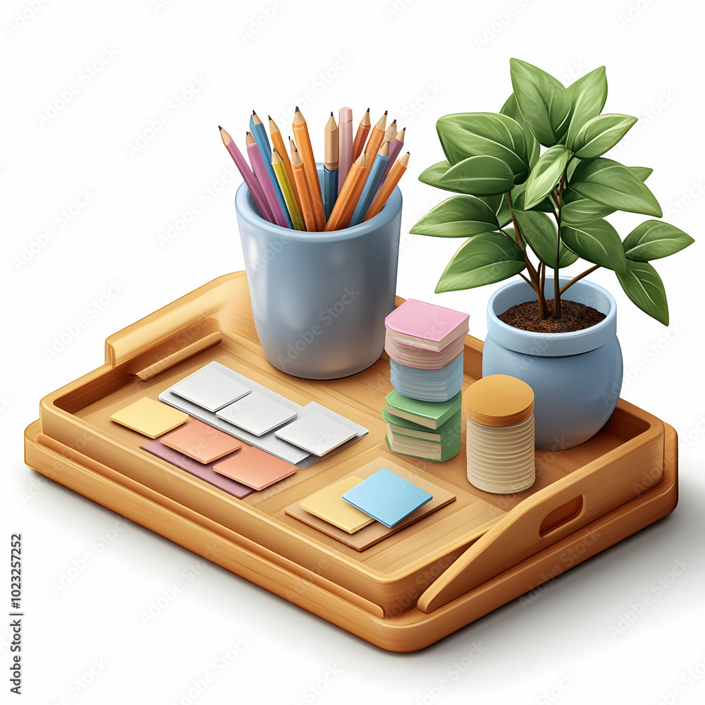 Poster vector image of desk tray with sticky notes isolated on white background - ideal for organization an