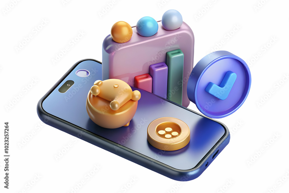 Poster glossy smartphone displaying floating holographic coins and calculator concept: minimalistic design 