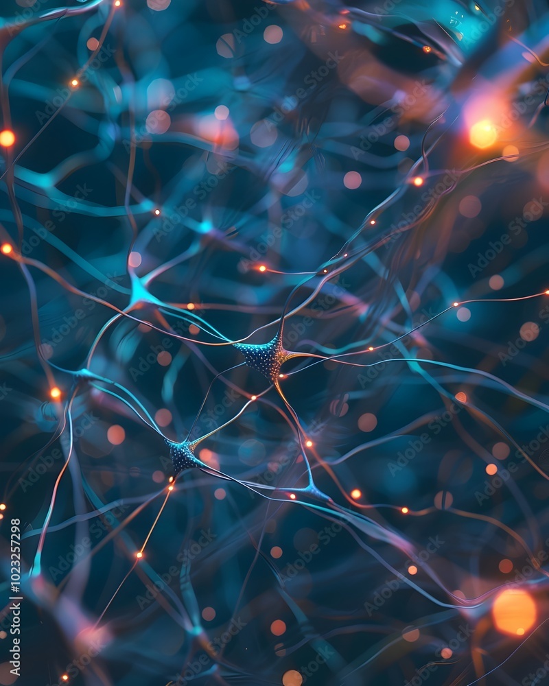 Poster neural network visualization of sentiment analysis processes with colored nodes and copy space