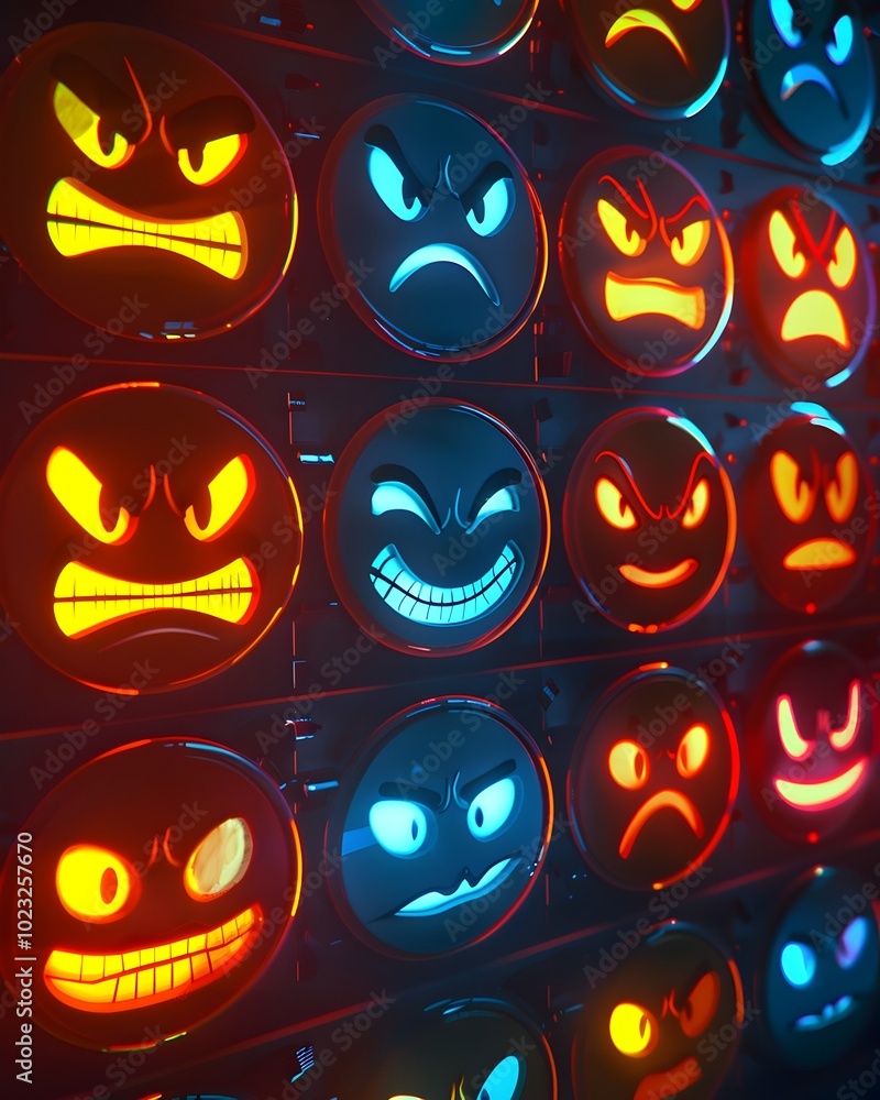 Poster emotional sentiment displayed on digital panel with various facial expressions