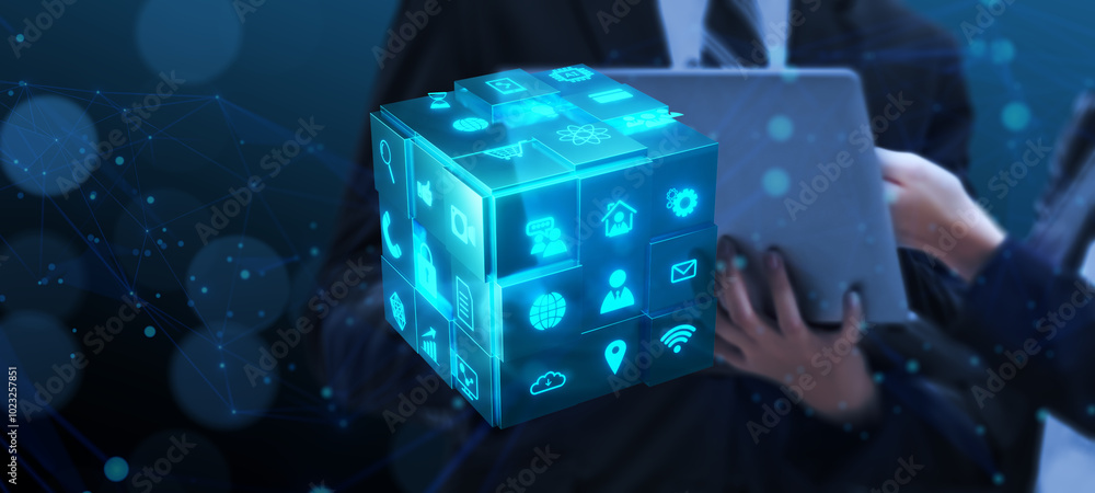 Aufkleber computer tablet device business tech cube futuristic technology concept, modern 3d render, business 