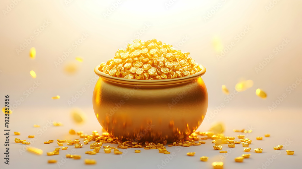Poster 3d icon vector of pot of gold with dhanteras text | camera zoom into glossy texture | abundance pros