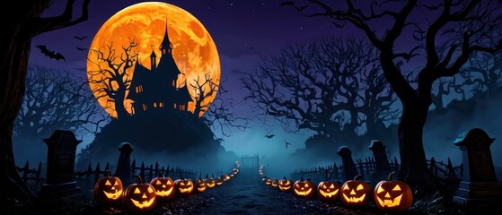 Fototapeta premium Eerie Halloween scene featuring illuminated jack-o'-lanterns on a path under a haunting full moon, surrounded by dark, bare trees. Perfect for creating a spooky atmosphere.