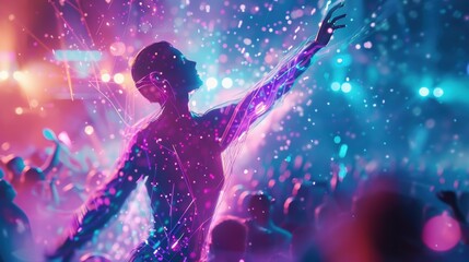 Obraz premium A side view of a holographic human figure set against a dot technology backdrop, featuring intricate wires linking the body to the head.