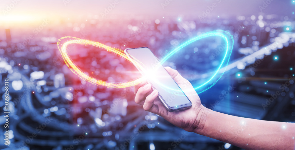 Poster mobile phone device with infinity symbol connecting unlimited internet communication data usage 5g c