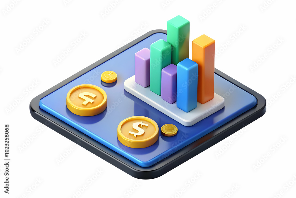 Poster high angle shot of glossy tablet with floating holographic bar charts and dollar signs on white back