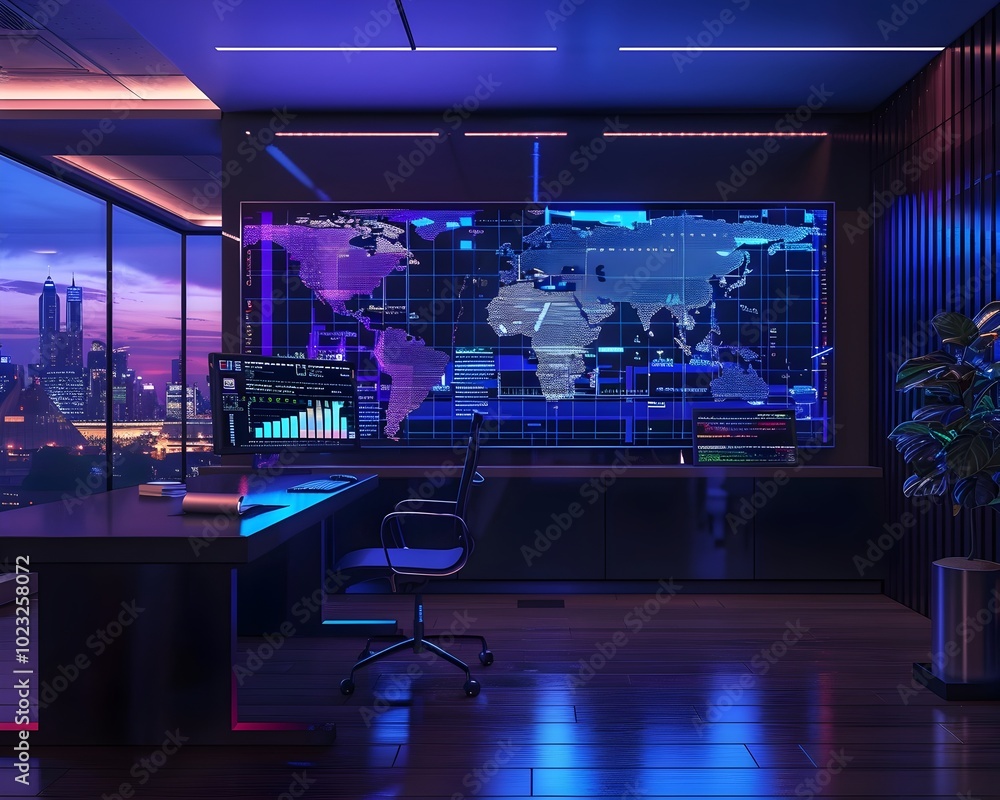 Poster futuristic office with sentiment heatmap screens monitoring global social media activity and emotion