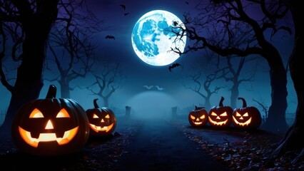 Eerie Halloween scene featuring illuminated jack-o'-lanterns on a path under a haunting full moon, surrounded by dark, bare trees. Perfect for creating a spooky atmosphere.
