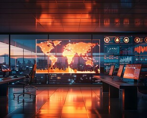 Futuristic Office With Sentiment Heatmap Screens Visualizing Global Social Media Activity