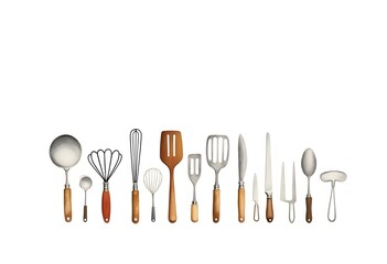 Frame of different kitchenware on white background, space for text
