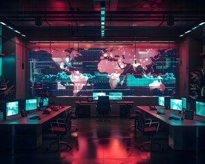 Futuristic Office with Sentiment Heatmap Visualizing Global Social Media Activity and Emotions