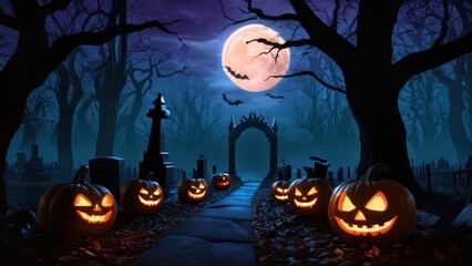 Eerie Halloween scene featuring illuminated jack-o'-lanterns on a path under a haunting full moon, surrounded by dark, bare trees. Perfect for creating a spooky atmosphere.