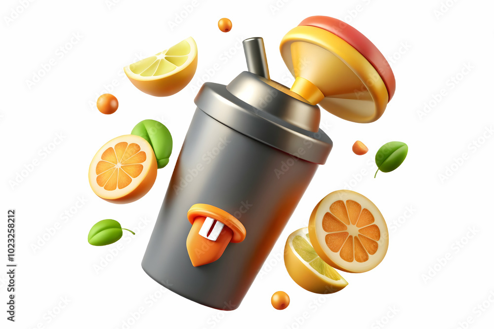 Poster flat floating cocktail shaker with fruit slice burst and 'shake it up' text - vibrant vector for coc