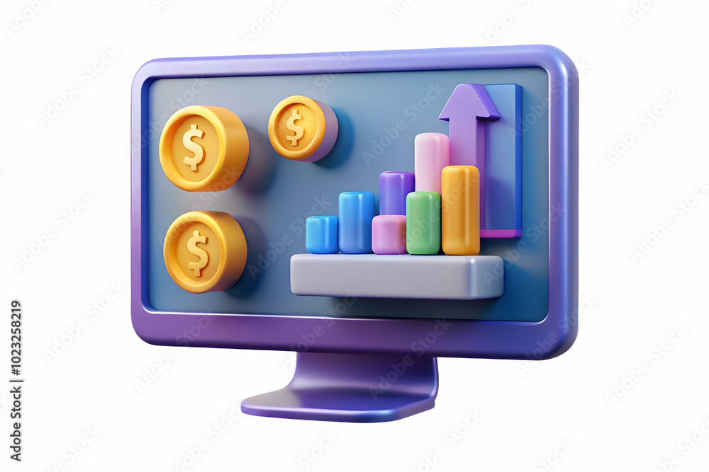 Poster glossy desktop monitor displaying holographic financial dashboards and floating currency symbols in 