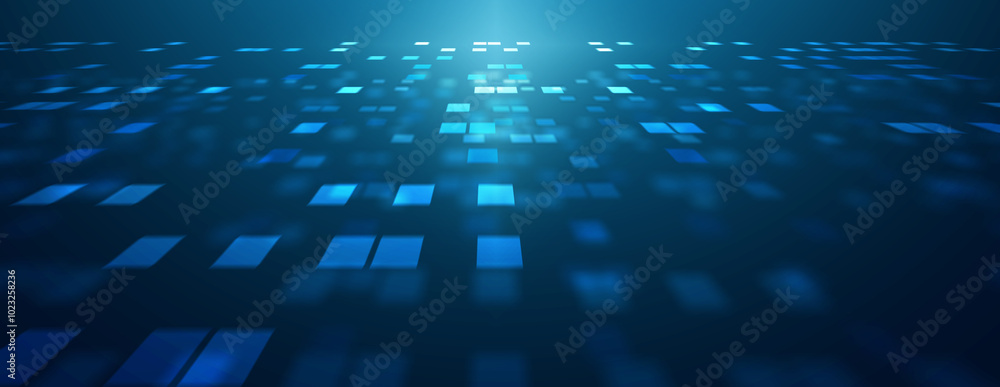 Poster abstract technology blue background banner, communication square shape data coding virtual computer 
