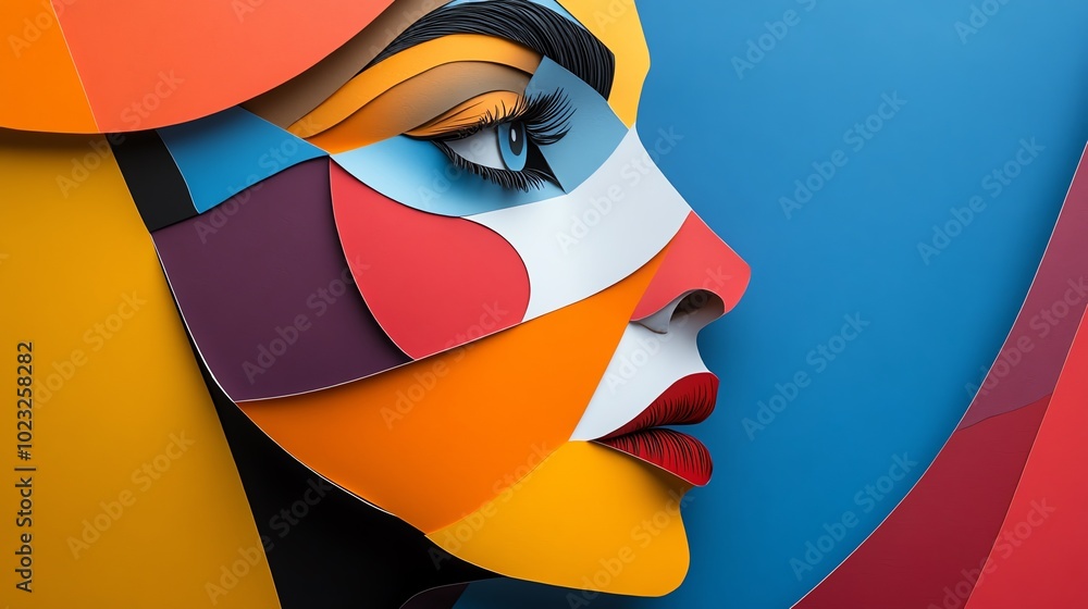 Poster paper cut abstract face with geometric shapes and sharp angles, deconstructing human features, paper