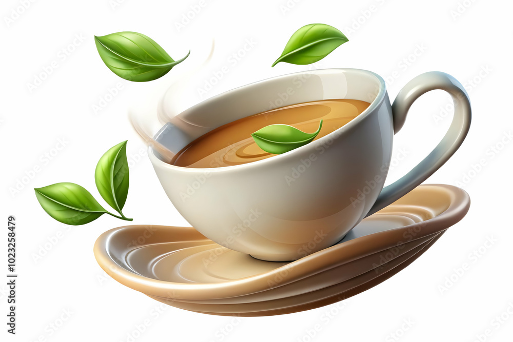 Poster floating teacup with tea leaves creating a calming wave - serenity vector illustration for relaxing 